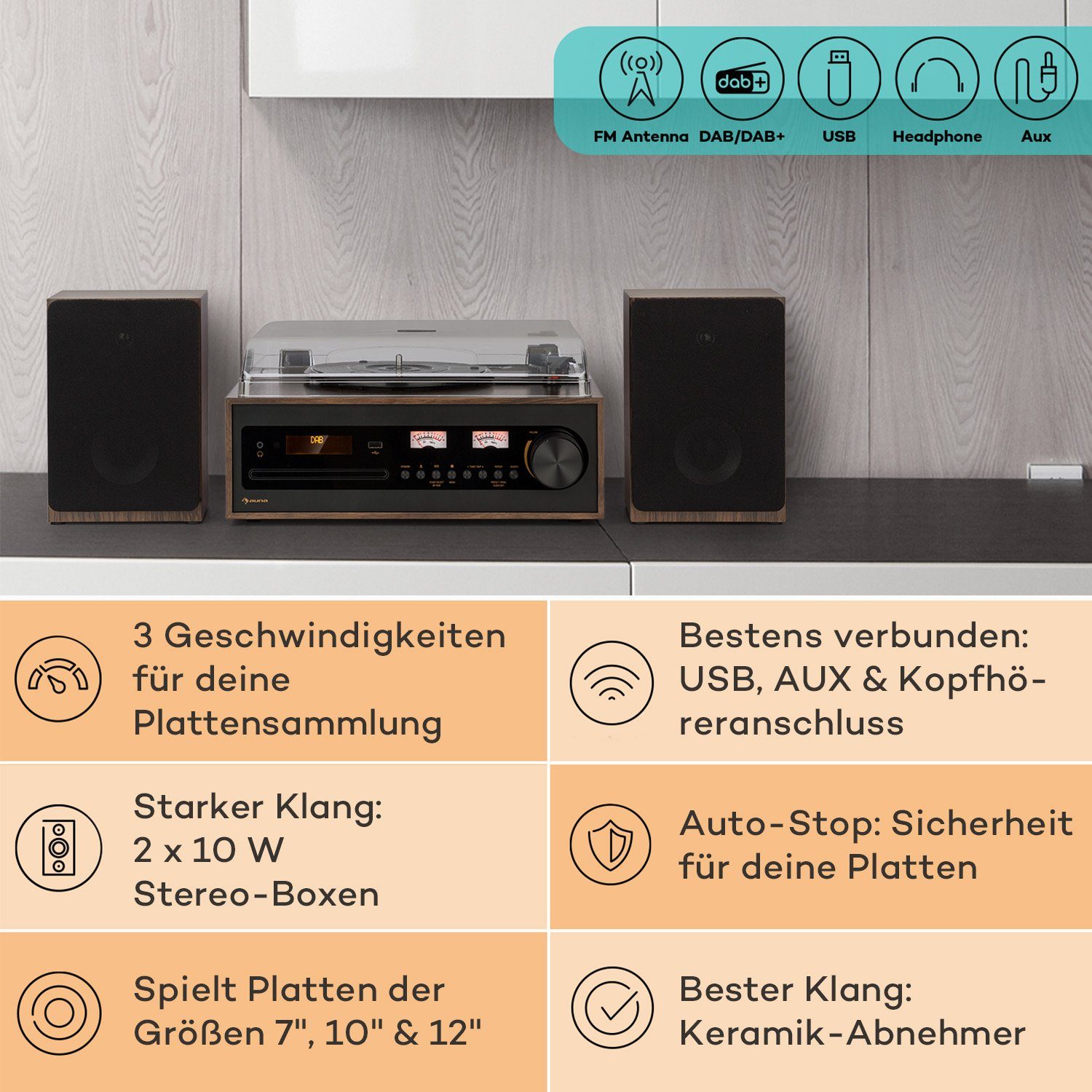 Auna Oxford SE Stereoanlage (DAB+ und FM Radiotuner, 20 W, Bluetooth Stereon DAB FM Vinyl CD Player Schwarz)