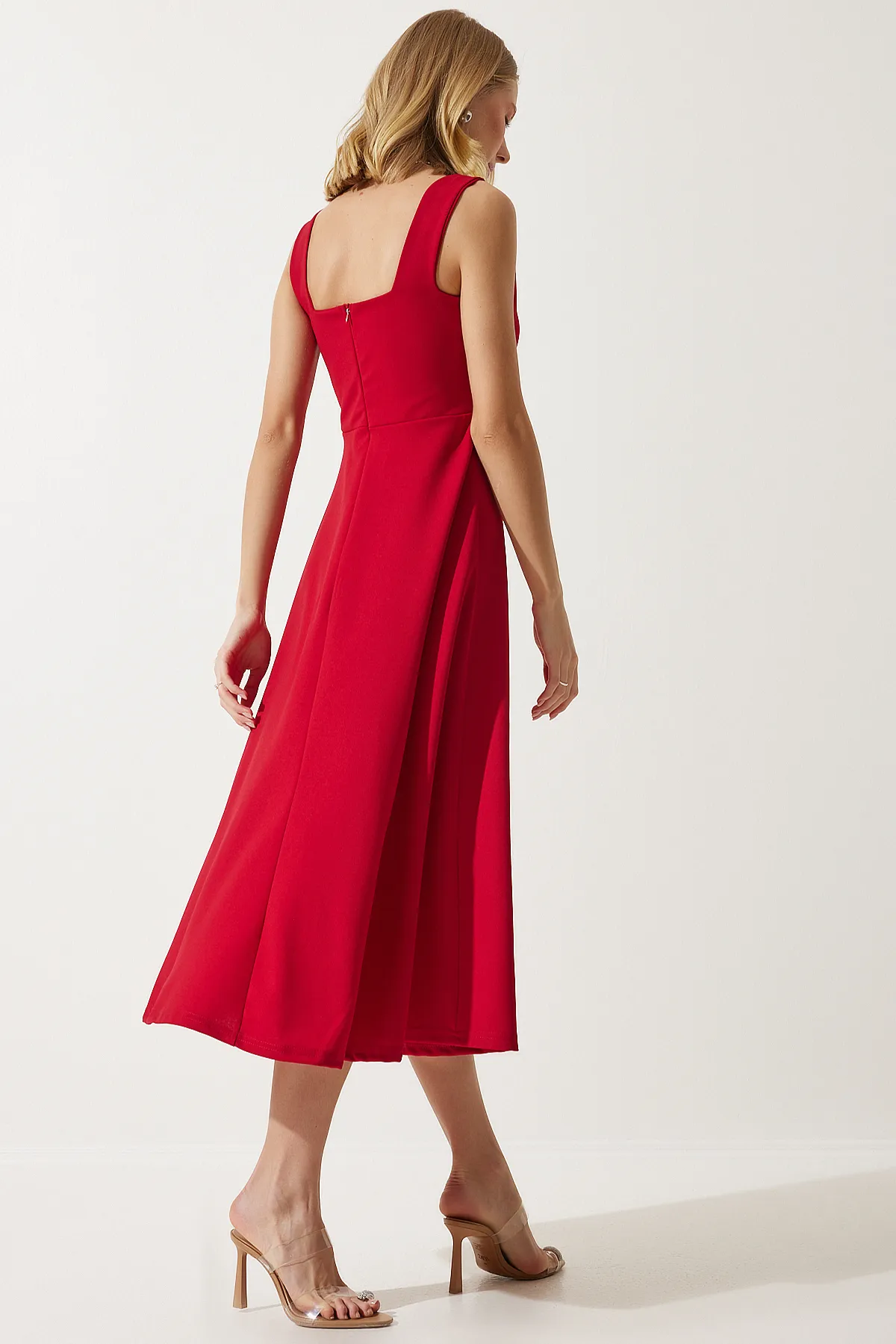 Happiness İstanbul  Rotes A-Linien-Kleid mit quadratischem Kragen für Damen DK00169