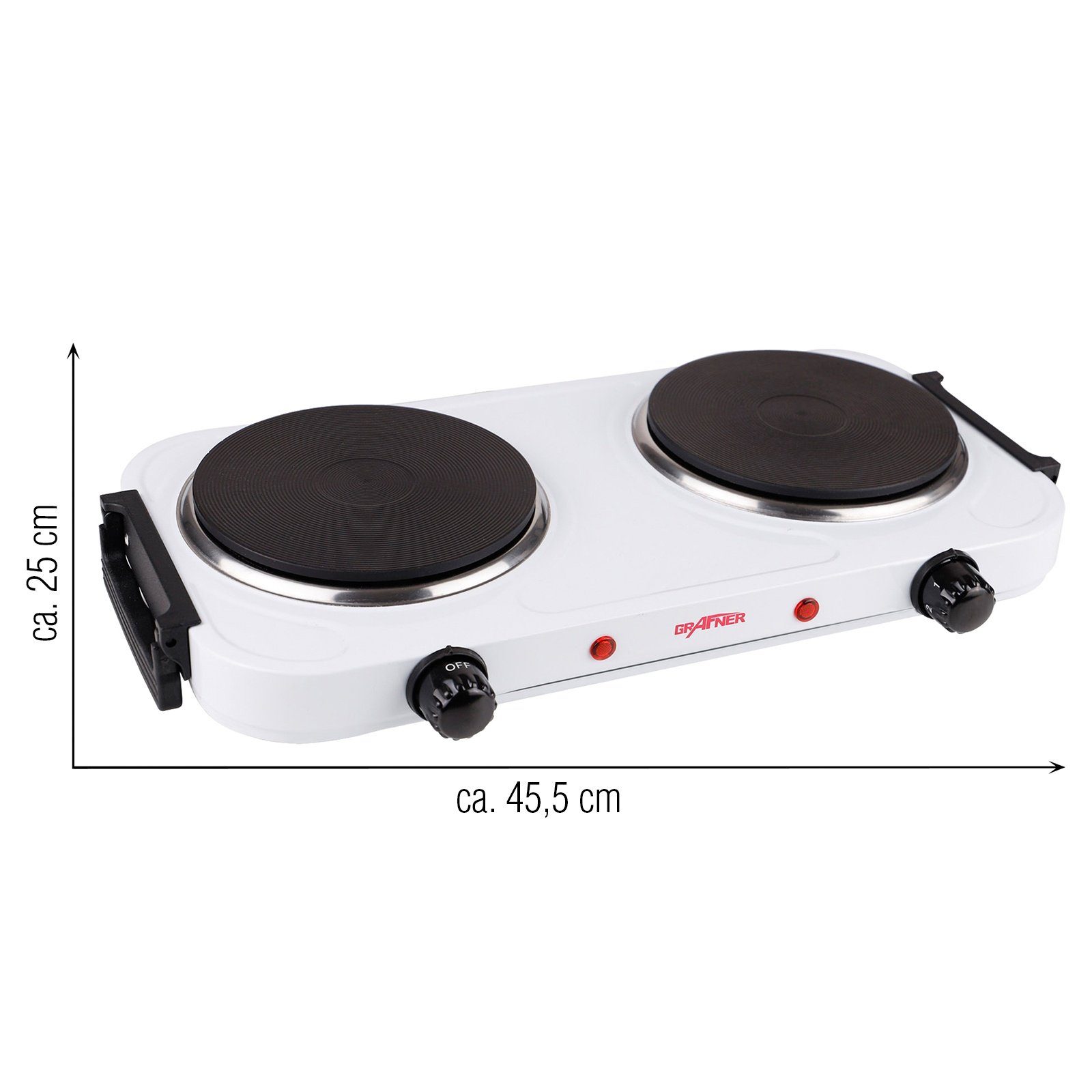 Grafner Doppelkochplatte Kochplatte doppelt 2000 Watt mit klappbaren Griffen Weiß KP10879, 1000 Watt, Kochfelder aus Gusseisen, weiß, Betriebskontrollleuchte