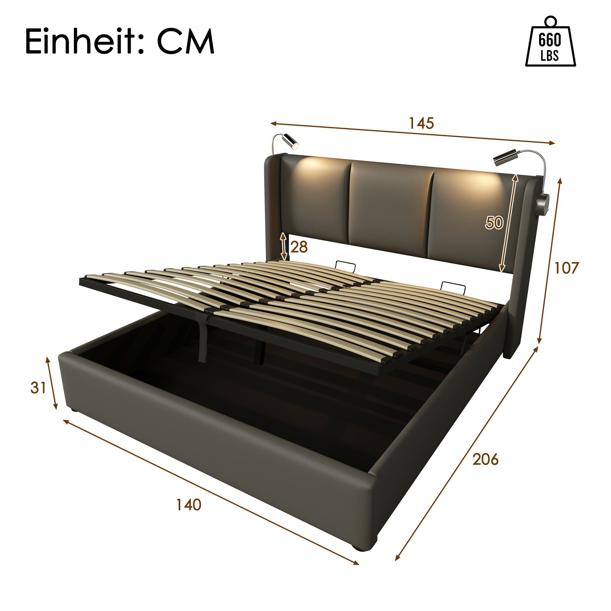 Ulife Polsterbett Grau Doppelbett Hydraulisches Stauraumbett PU 140x200, 160x200cm, Leselicht mit USB Ladefunktion Kopfteil