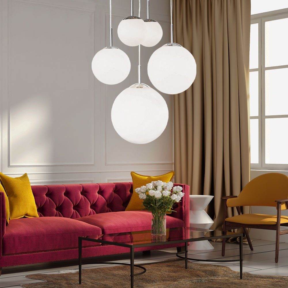 Globo Kugelleuchte, Leuchtmittel nicht inklusive, Hängeleuchte Wohnzimmerlampe 5-flammig Glas Schirm Kugel silber H 90cm