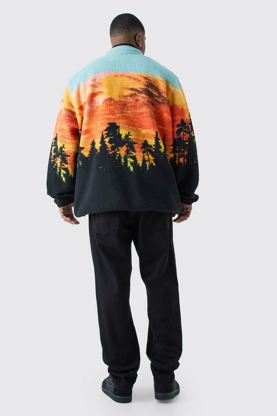 Plus Oversized Landscape Print Borg Funnel Neck Jacket