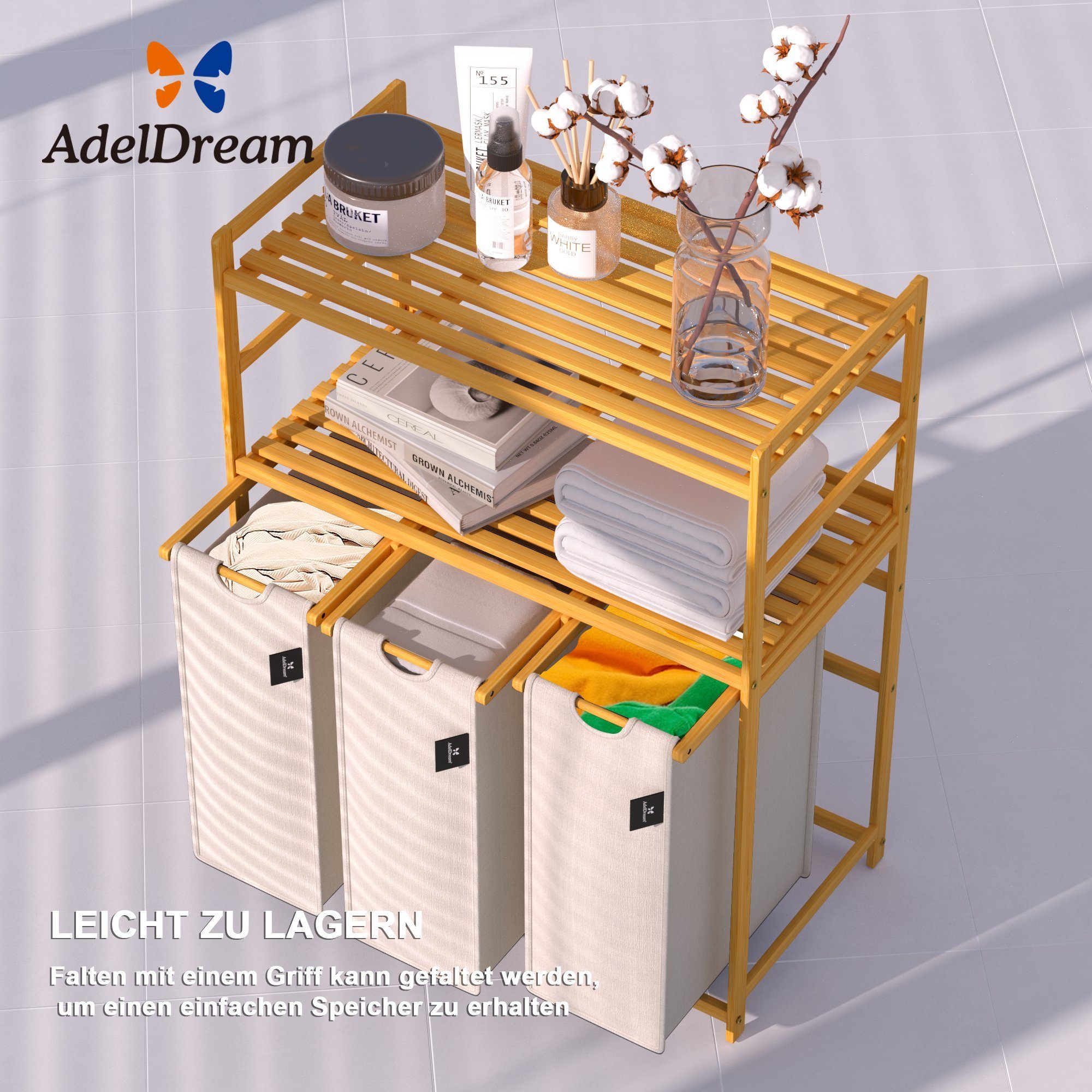 AdelDream Wäschekorb 150 l, 3 Fächer, 2 Regale Wäschesortierer