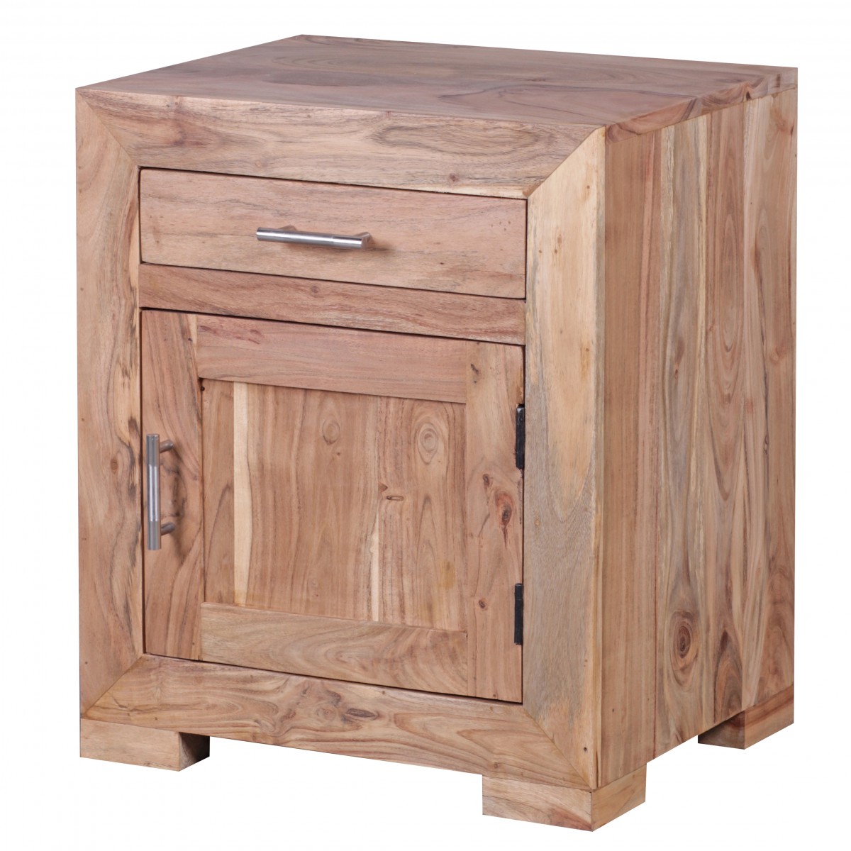 Wohnling Nachttisch Massivholz Akazie Design Nachtkommode 60 cm mit Schublade und Tür Nachtschrank für Boxspringbett