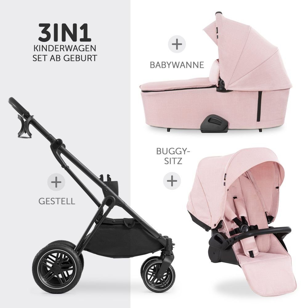 Hauck Kombi-Kinderwagen Vision X Duoset Black - Melange Rose, (7-tlg), 2in1 Kinderwagen Buggy Set mit Babywanne, Sportsitz und Regenschutz