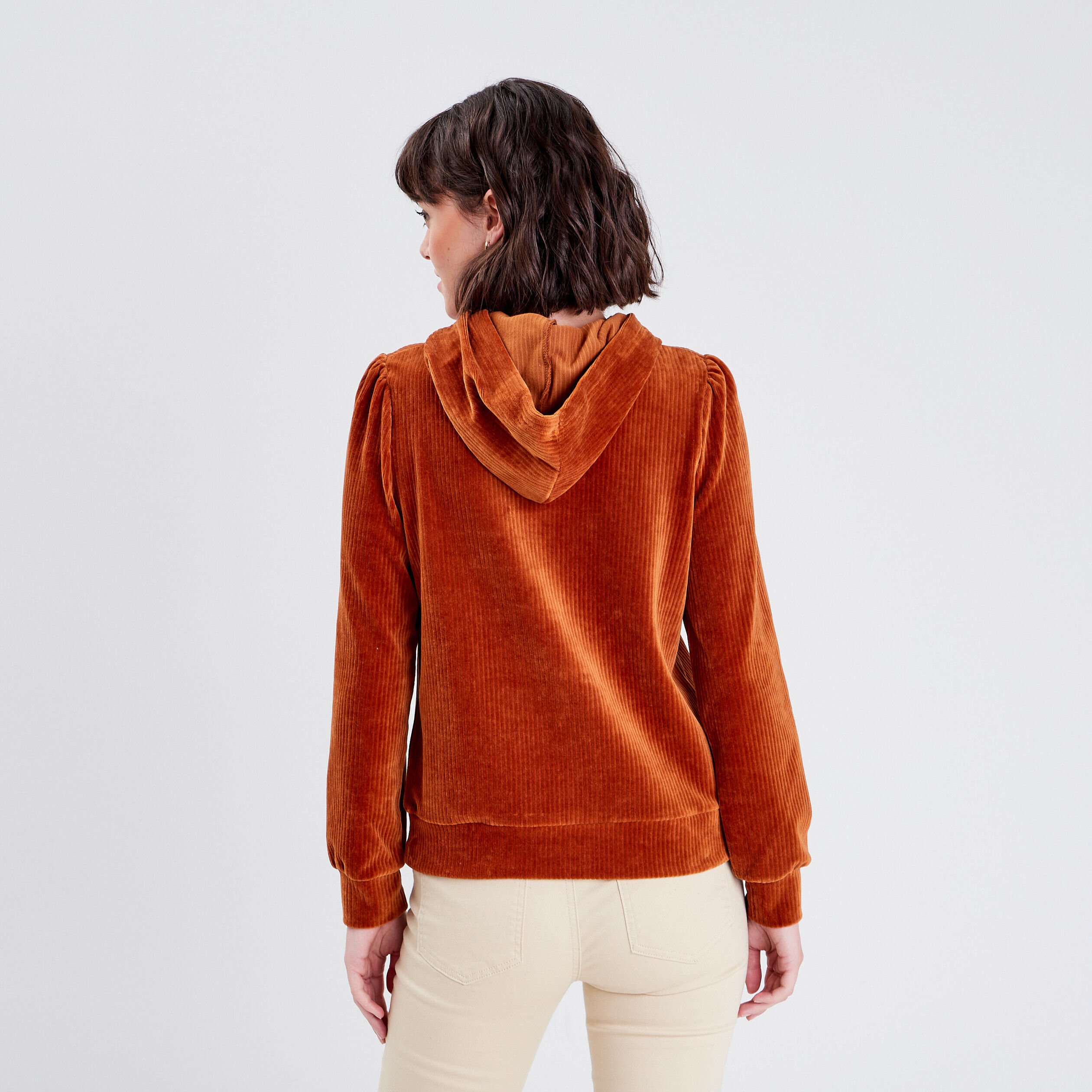 Sweat velours côtelé à capuche marron femme | Cache Cache