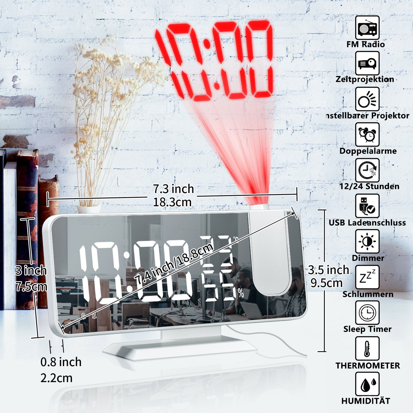 REDOM Projektionswecker Digital Wecker Radiowecker Digitalwecker Projektion LED Alarm Radio ohne Akku Projektion 180 ° Dual-Alarm Temperatur 12/24H USB-Anschluss