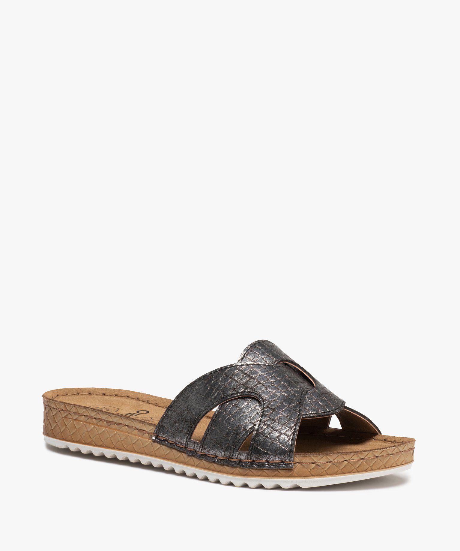 Mules femme à talon plat confort et larges brides metallise | GEMO