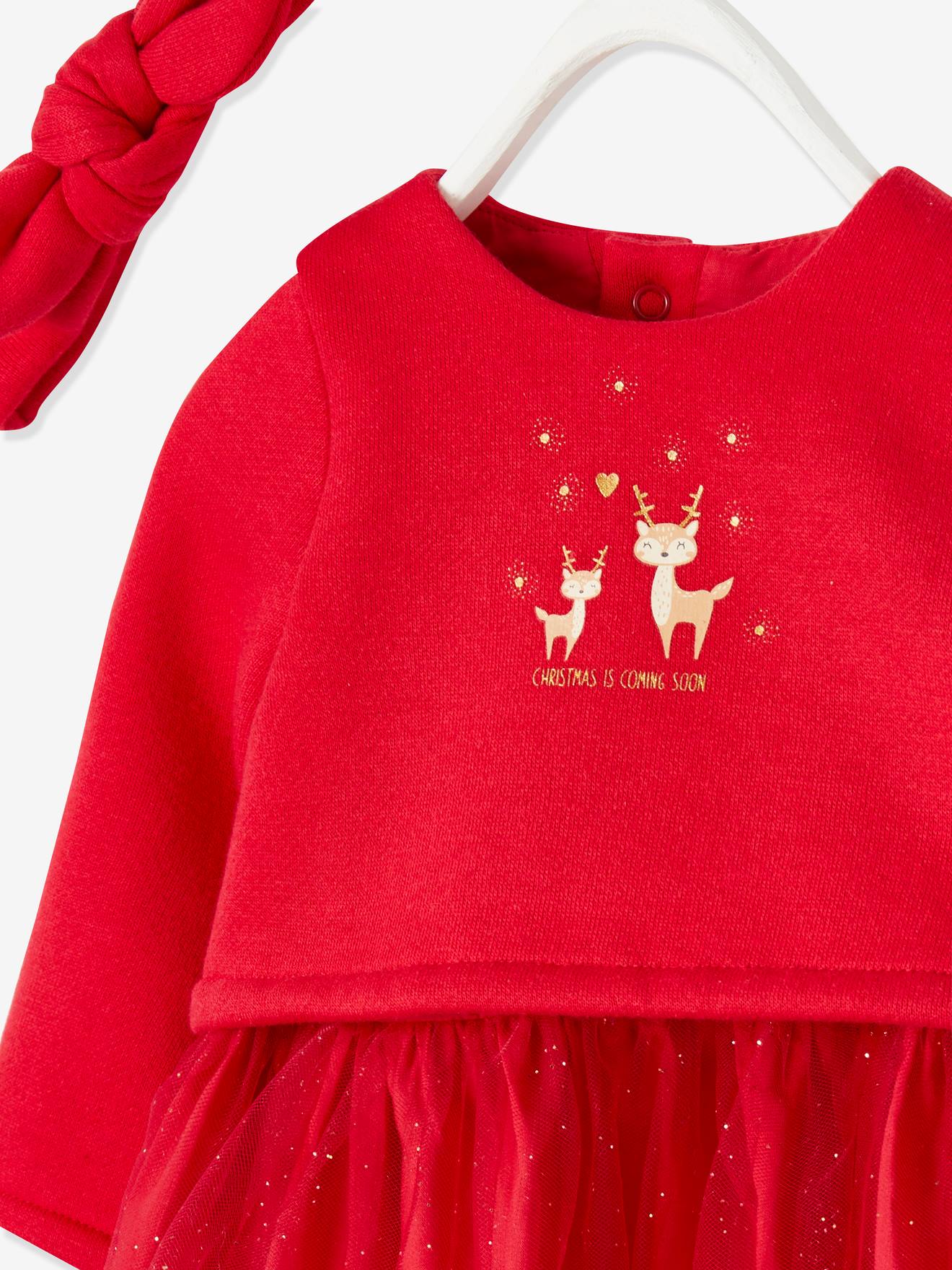 Robe de fêtes effet 2 en 1 et son bandeau bébé rouge brique
