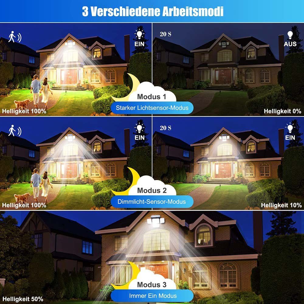 Rosnek LED Gartenleuchte Solar, 4 Köpfe, Bewegungssensor, für Außen Garage Innenhof Hof, Kaltweiß, wasserdicht, Fernbedienung, mit 5M Kabel