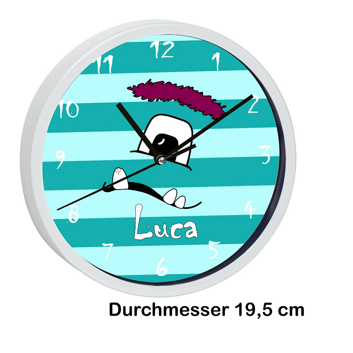Kinder Wanduhr personalisiert mit Name Monster Streifen türkis