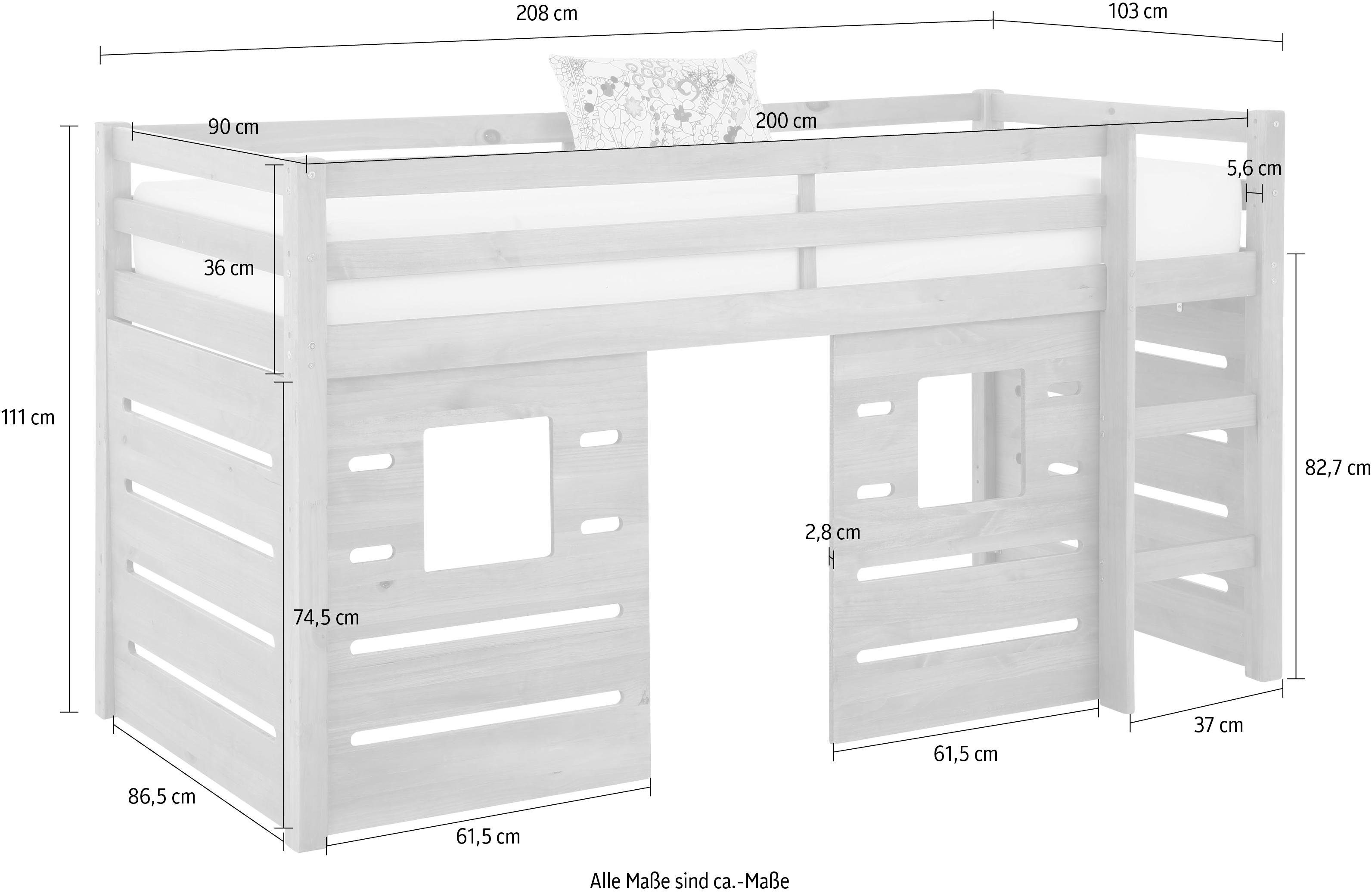 Lüttenhütt Hochbett Alpi aus Kiefernholz, inklusive Leiter und Panel, Außenmaßenbreite 103 cm