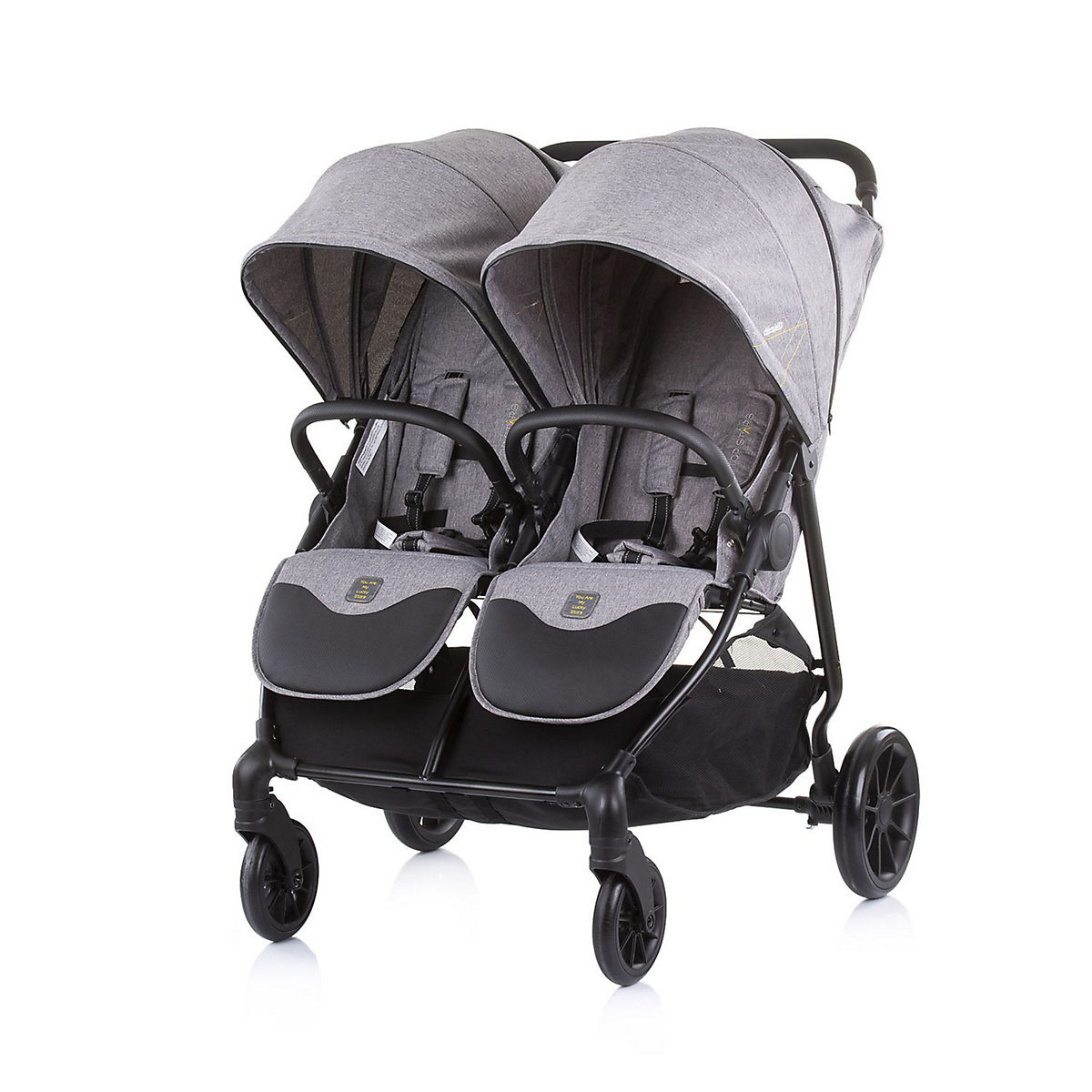 Zwillingskinderwagen Top Stars, 77 cm breit, Wickeltasche, Fußsack Geschwisterwagen