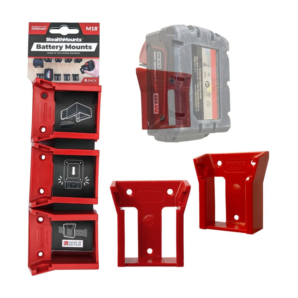 „StealthMounts“ BM-MW18-RED-6 raudoni akumuliatorių laikikliai, skirti „Milwaukee M18 18v“ (6 vnt. pakuotėje)