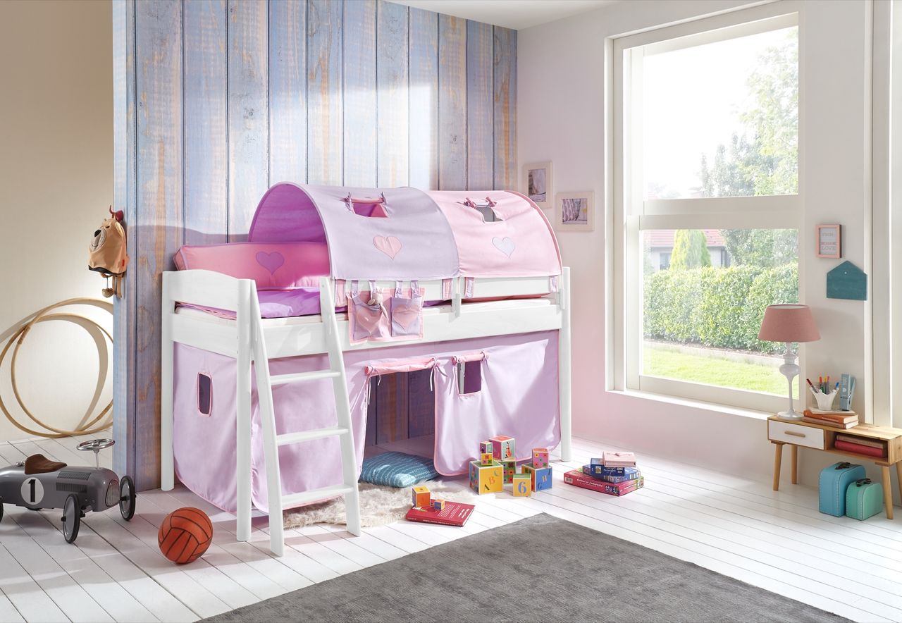 Relita Halbhohes Bett MICHELLE 90x200 cm Buche massiv weiß lackiert, mit Textilset Vorhang, 2-Tunnel, Tasche purple/rosa/herz
