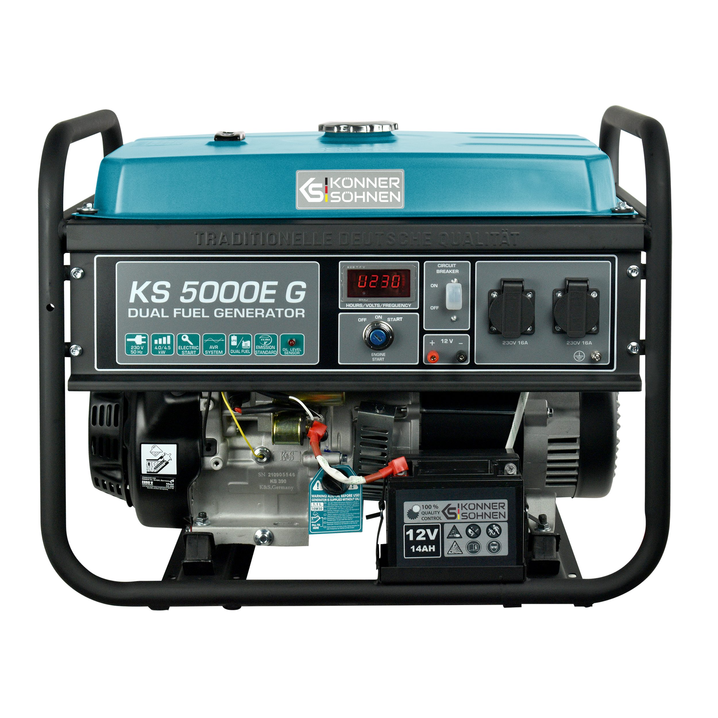 Könner & Söhnen Stromerzeuger KS 5000E G, 4,50 in kW, (1-tlg), Hand-/Elektroanlass, 2x16A, 12 V, automatischer Spannungsregler (AVR)