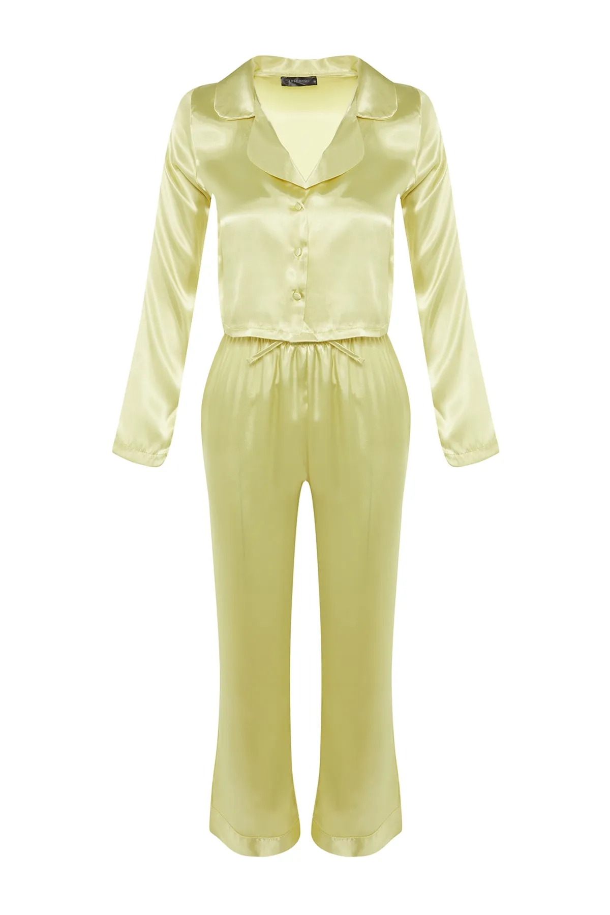 Trendyol Collection  Gelbes Pyjama-Set aus Satin mit bauchfreiem Hemdkragen und Webkragen THMAW23PT00076