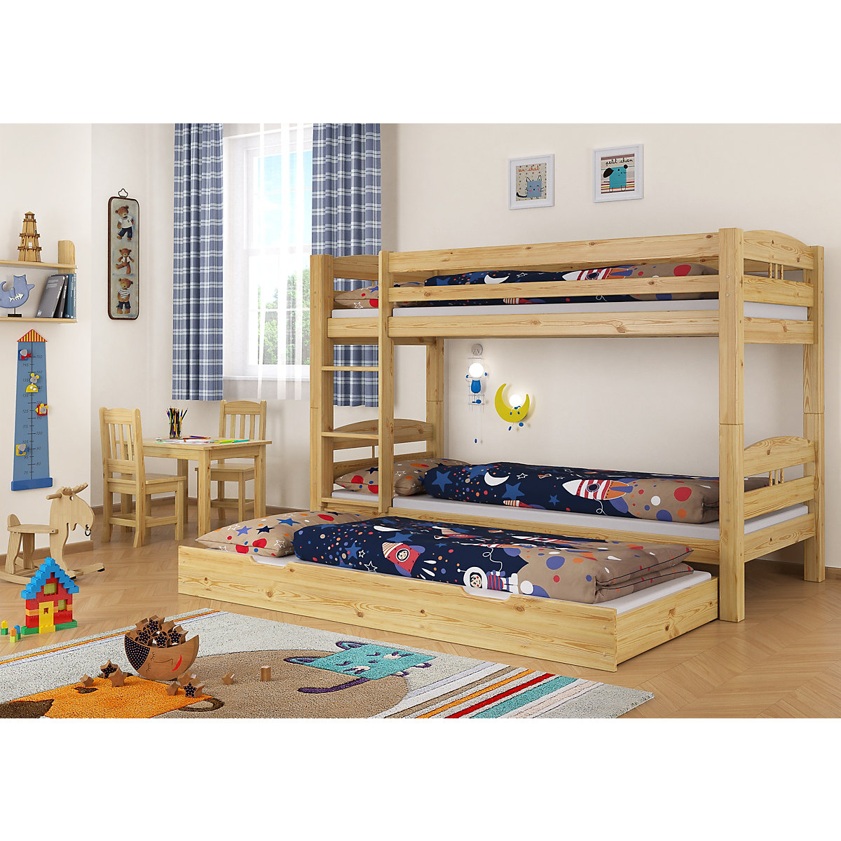Etagenbett 90x200 Kiefer + Rollroste, Matratzen, Gästebettkasten