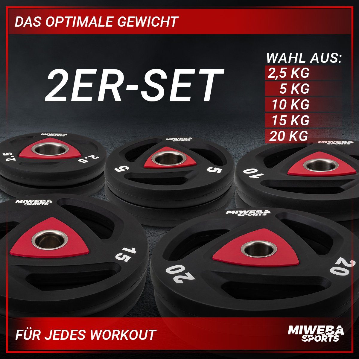 Miweba Sports Hantelscheiben Olympia Hantelscheiben Set - 2.5 - 20.0 kg, 5 kg, (2er-Set, Hantelscheibenset, Hantel Gewichte Set, Gewicht Scheiben, Muskelaufbau, Workout, Training, Ganzkörpertraining, 2-tlg., 2 x 2.5 kg, Ø 50/51 mm, Stahl), Gewicht Sc