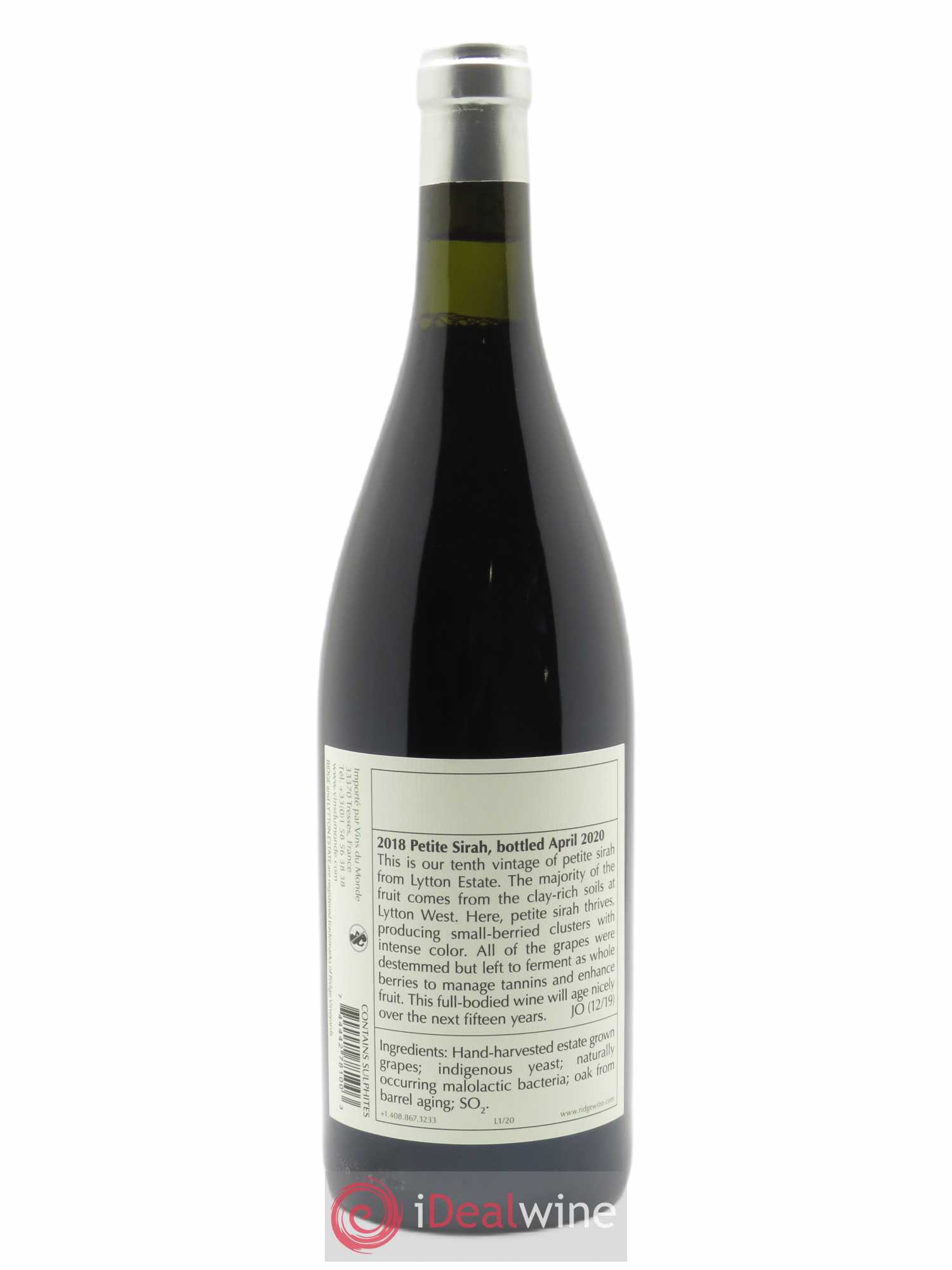 Dry Creek Valley Lytton Estate Petite Sirah Ridge Vineyards  2018 - Lot de 1 Bouteille