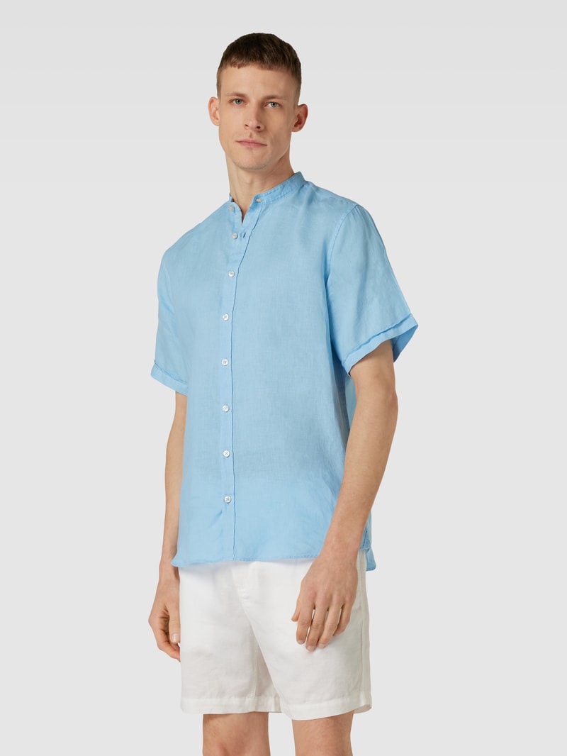Regular Fit Leinenhemd mit Maokragen in hellblau