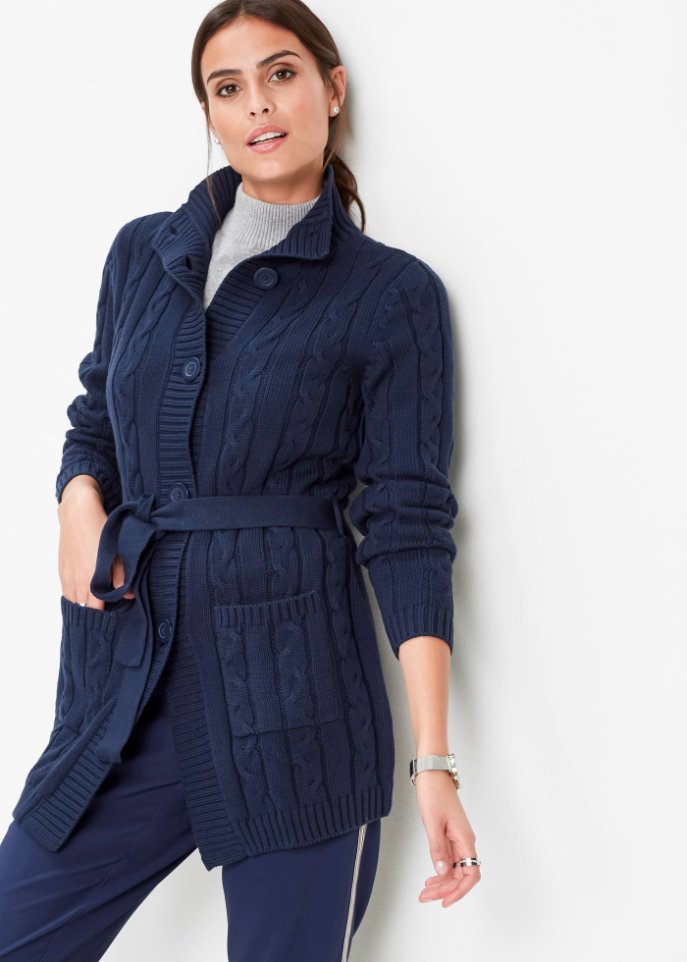 Longstrickjacke mit Zopfmuster
