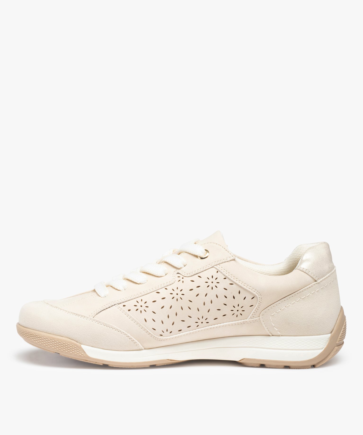 Baskets femme unies avec perforations en forme de fleurs beige | GEMO