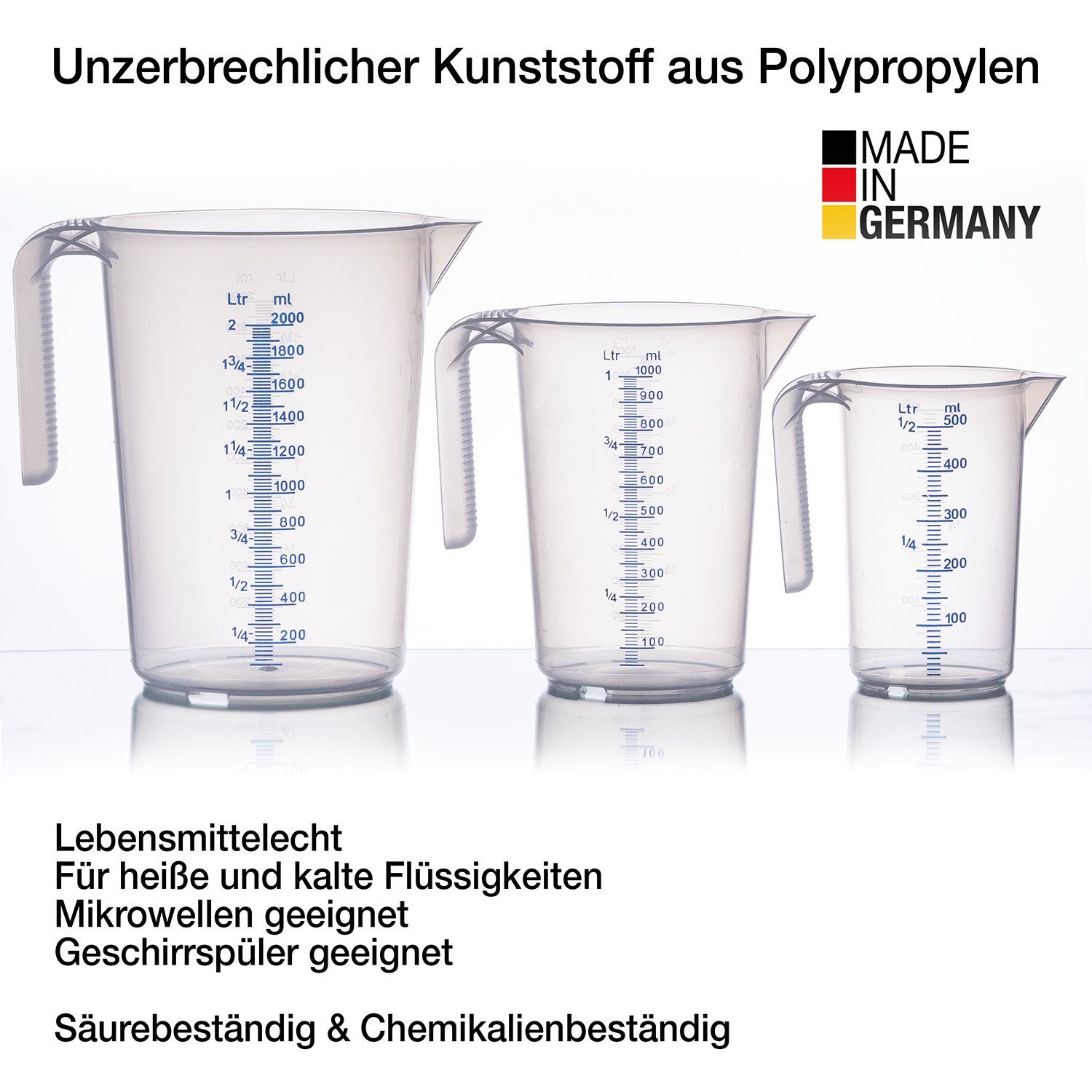 BigDean Messbecher Set 3 Größen: 500ml, 1L, 2L Skala, hitzebeständig Made in Germany, Polypropylen-Kunststoff