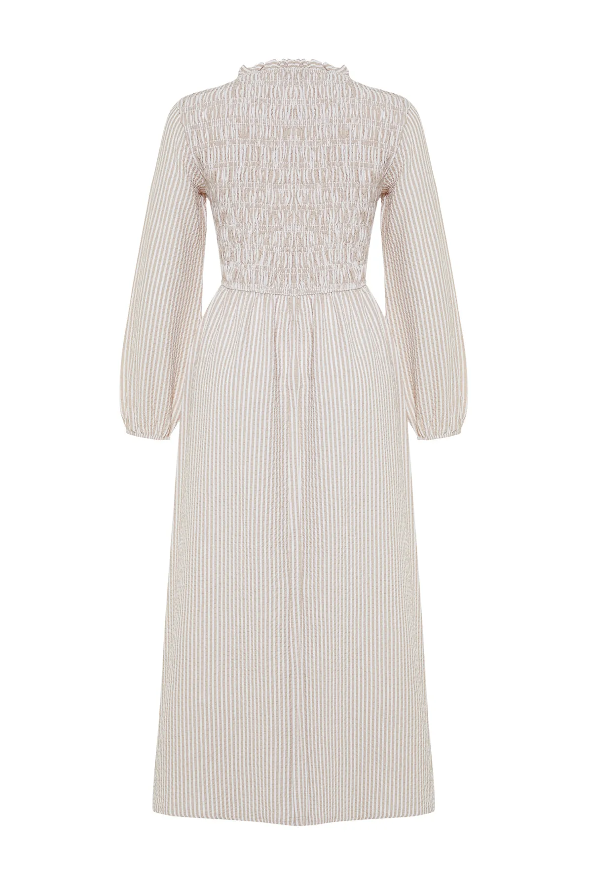 Trendyol Modest  Beige gestreiftes, detailliertes Gipe-Webkleid TCTSS24EB00082