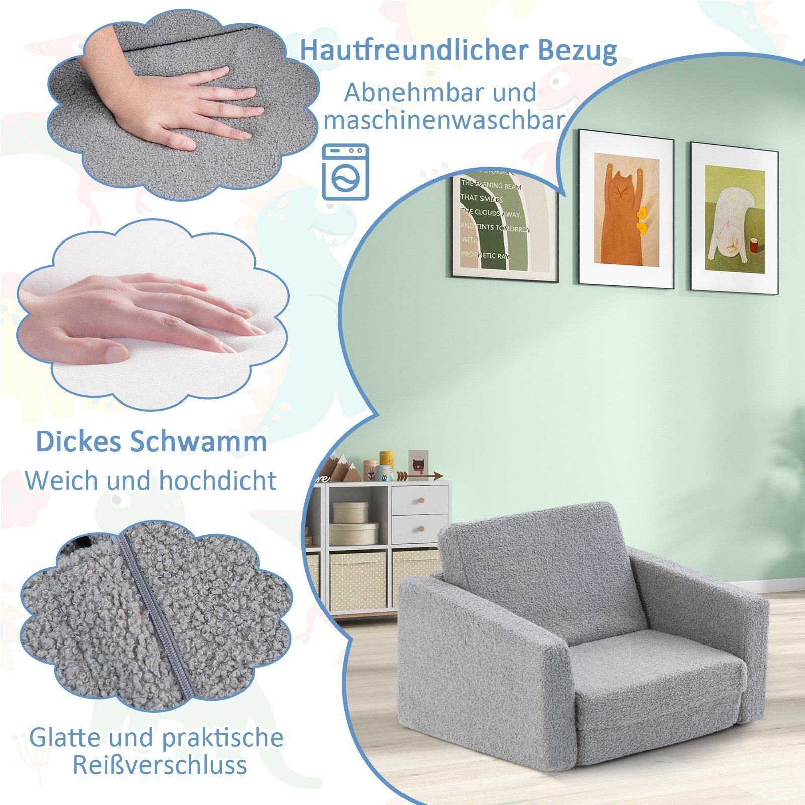 COSTWAY Kindersofa 2 in 1 Schlafsofa, klappbar, 60 x 43 x 40cm