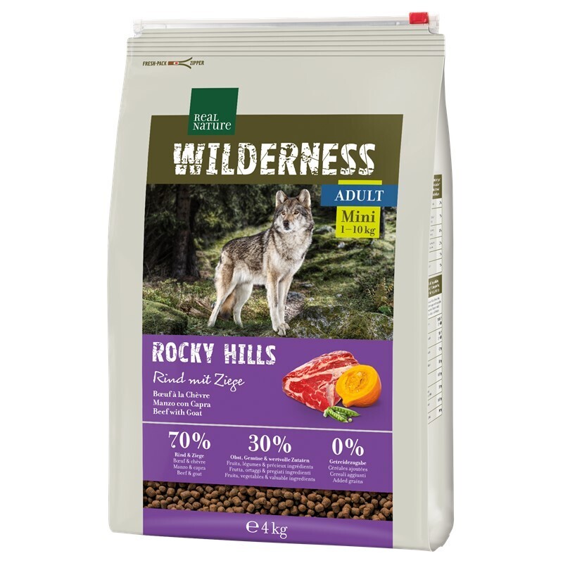 REAL NATURE Hundetrockenfutter REAL NATURE WILDERNESS Mini Rocky Hills Rind & Ziege 4 kg