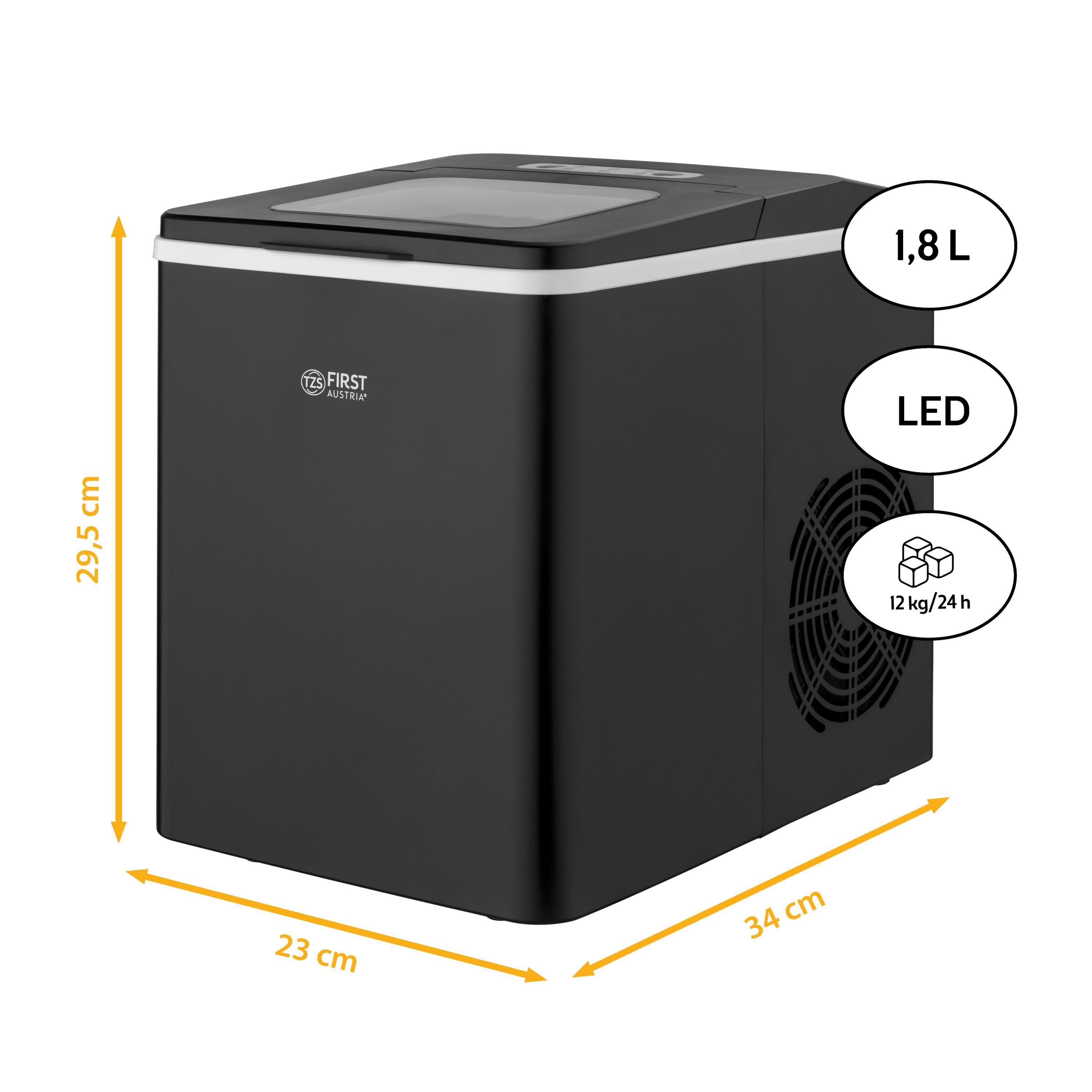 TZS FIRST AUSTRIA Eiswürfelmaschine Eiswürfelmaschine, Edelstahl Ice Cube Maker, 9 Würfel in 7-9 Minuten, Würfel S/L, 12kg 24 Std, Eiswürfelbereiter 1,8 L, 150W, LED Display