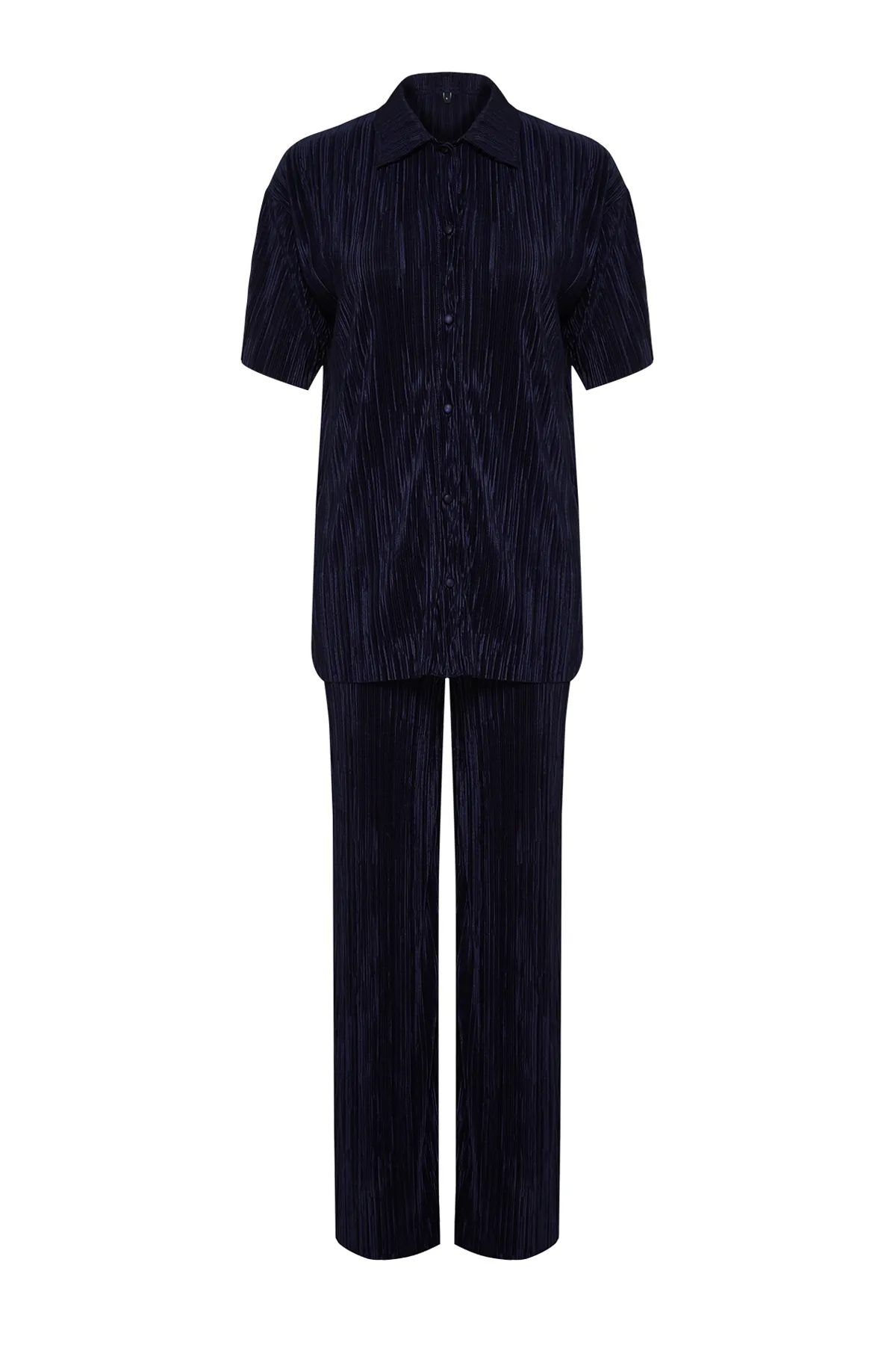 Trendyol Collection  Marineblaues, plissiertes, weit geschnittenes Hemd und Hose aus Strickoberteil TWOSS23AU00021