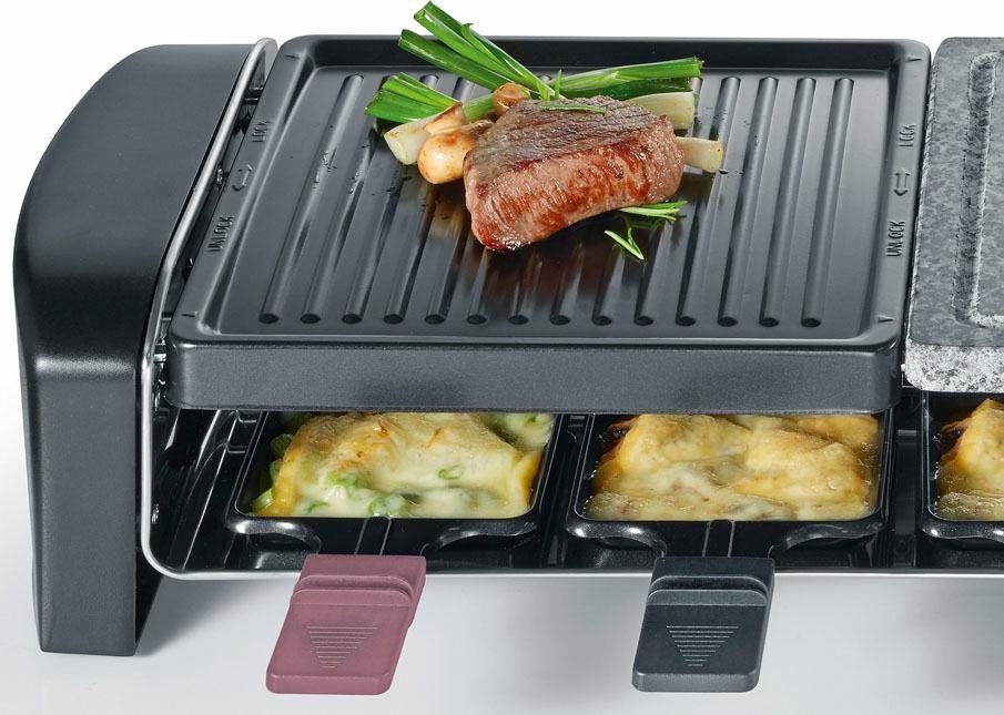 Severin Raclette RG 9645, 8 Raclettepfännchen, 1400 W, Naturgrillstein, Gussplatte, Thermostat, Antihaftbeschichtung