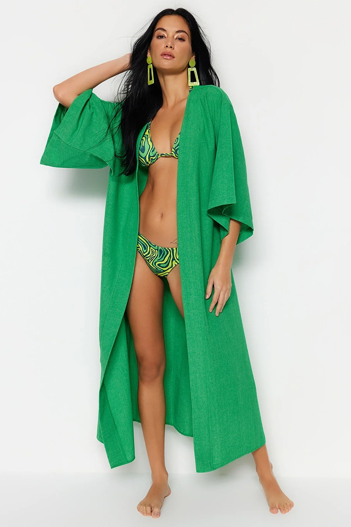Trendyol Collection  Grüner, gewebter Maxi-Kimono und Kaftan in Leinenoptik mit Gürtel TBESS23KM00058