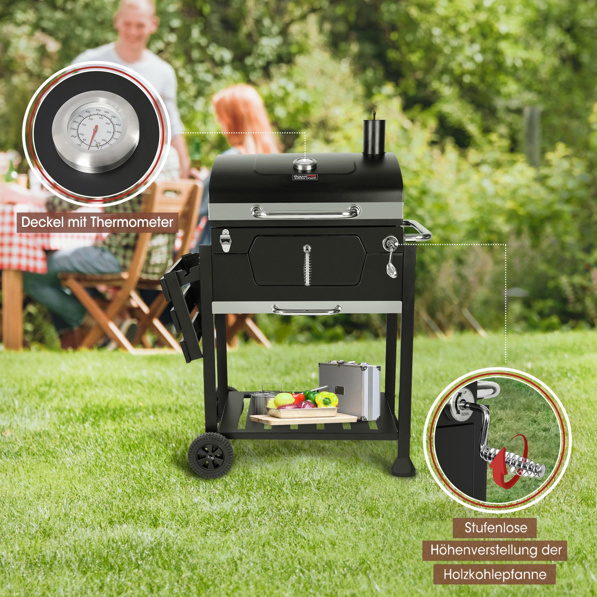 Royal Gourmet Holzkohlegrill, Grillwagen mit Deckel, Standgrill, 100 x 64,5 x 119,5 cm (L x W x H)