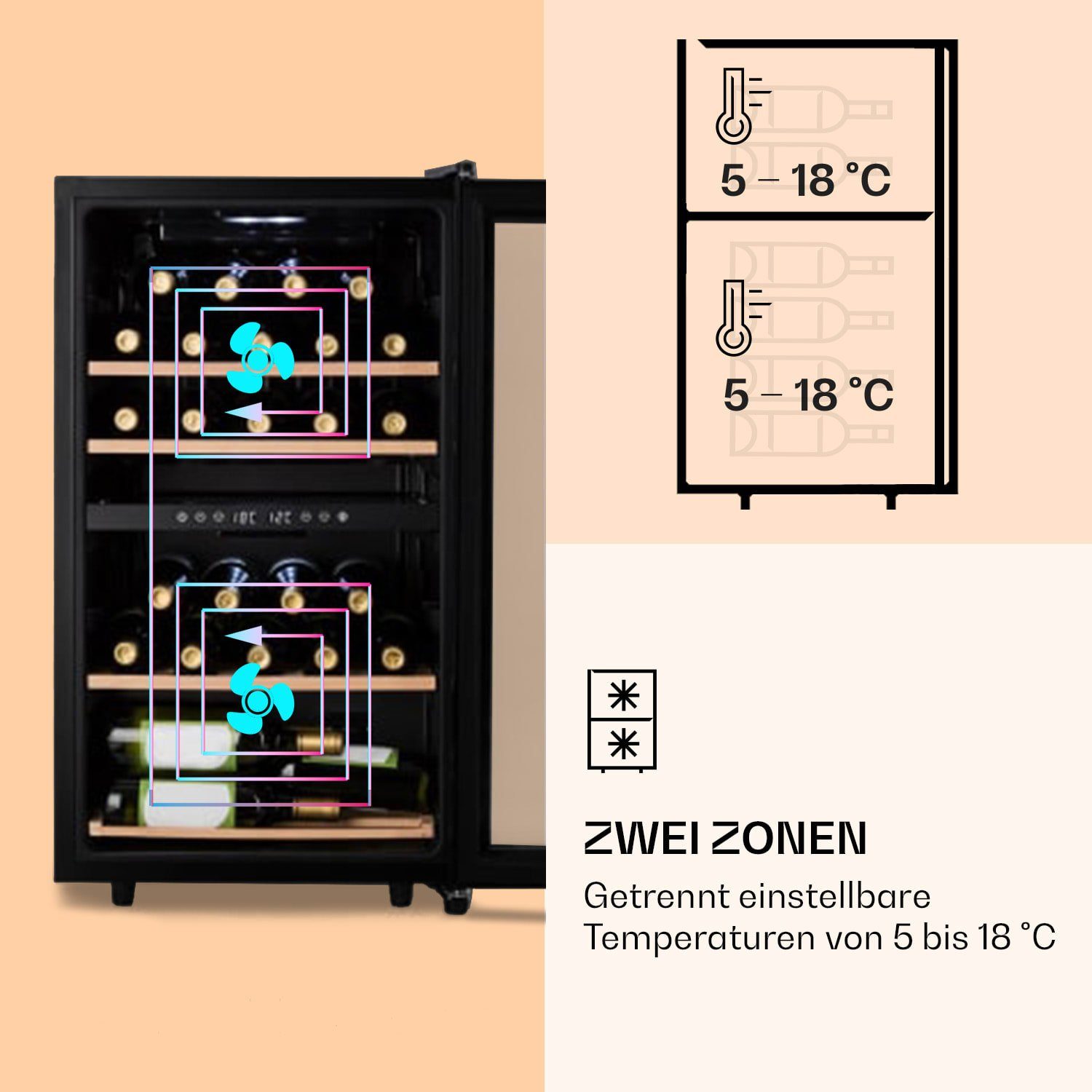 Klarstein Weinkühlschrank Barossa 34 Duo, für 34 Standardflaschen á 0,75l,2 Zonen Wein Flaschenkühlschrank Weintemperierschrank Weinschrank