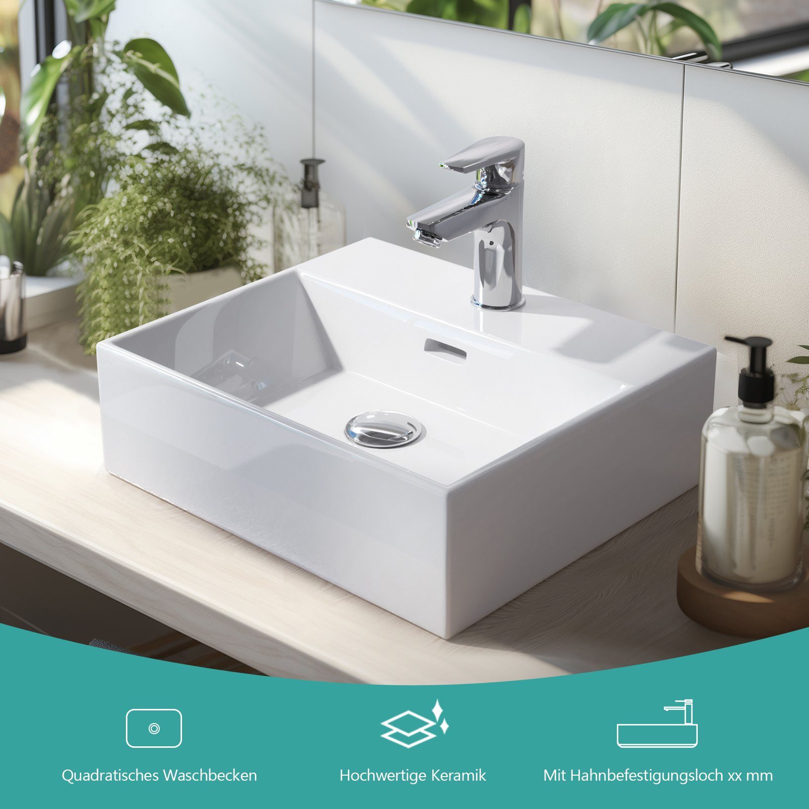 EMKE Aufsatzwaschbecken Keramik Waschbecken Eckiger Hängewaschbecken Waschtisch, Modernes Design fürs Badezimmer mit Hahnlöcher Weiß Glänzend