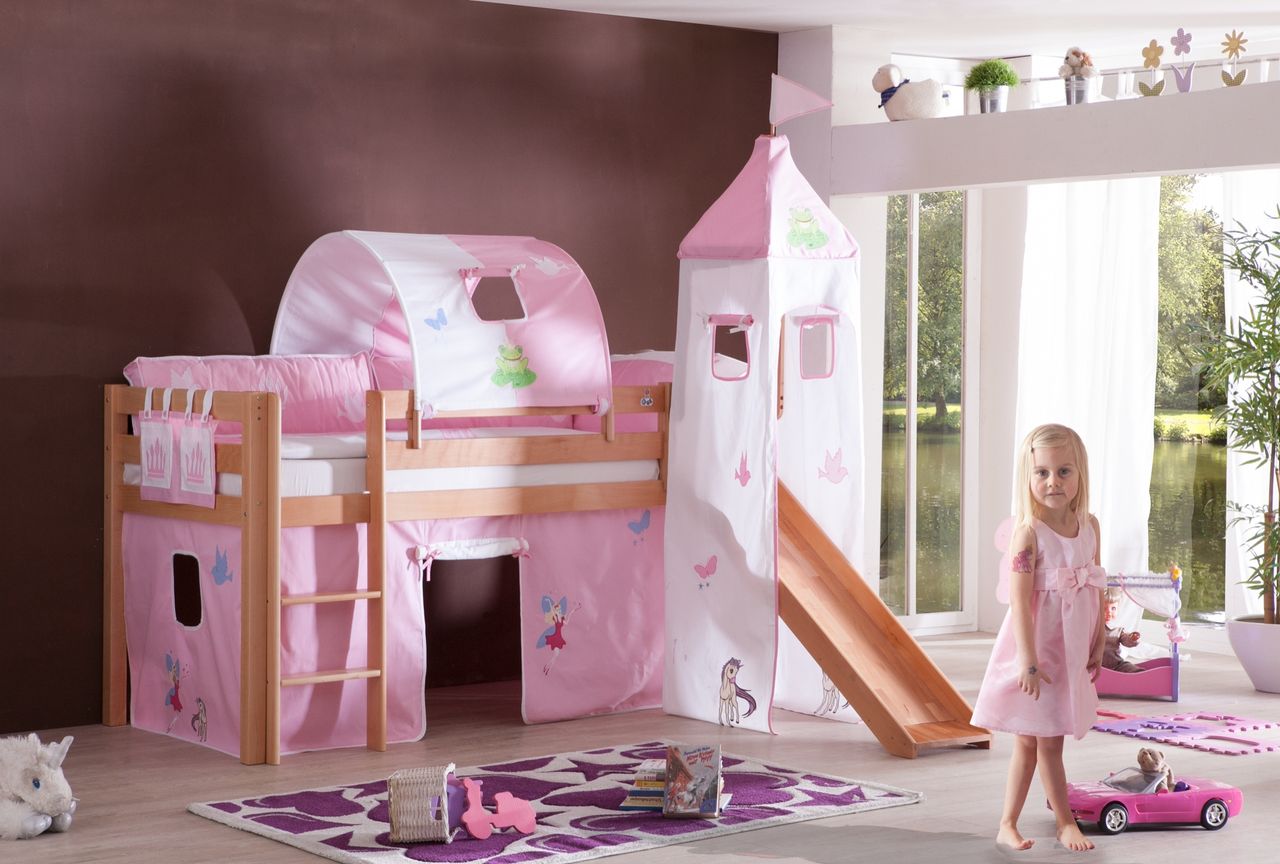 Relita Halbhohes Spielbett ALEX mit Rutsche/Turm/Tunnel Buche massiv natur lackiert mit Stoffset Princess