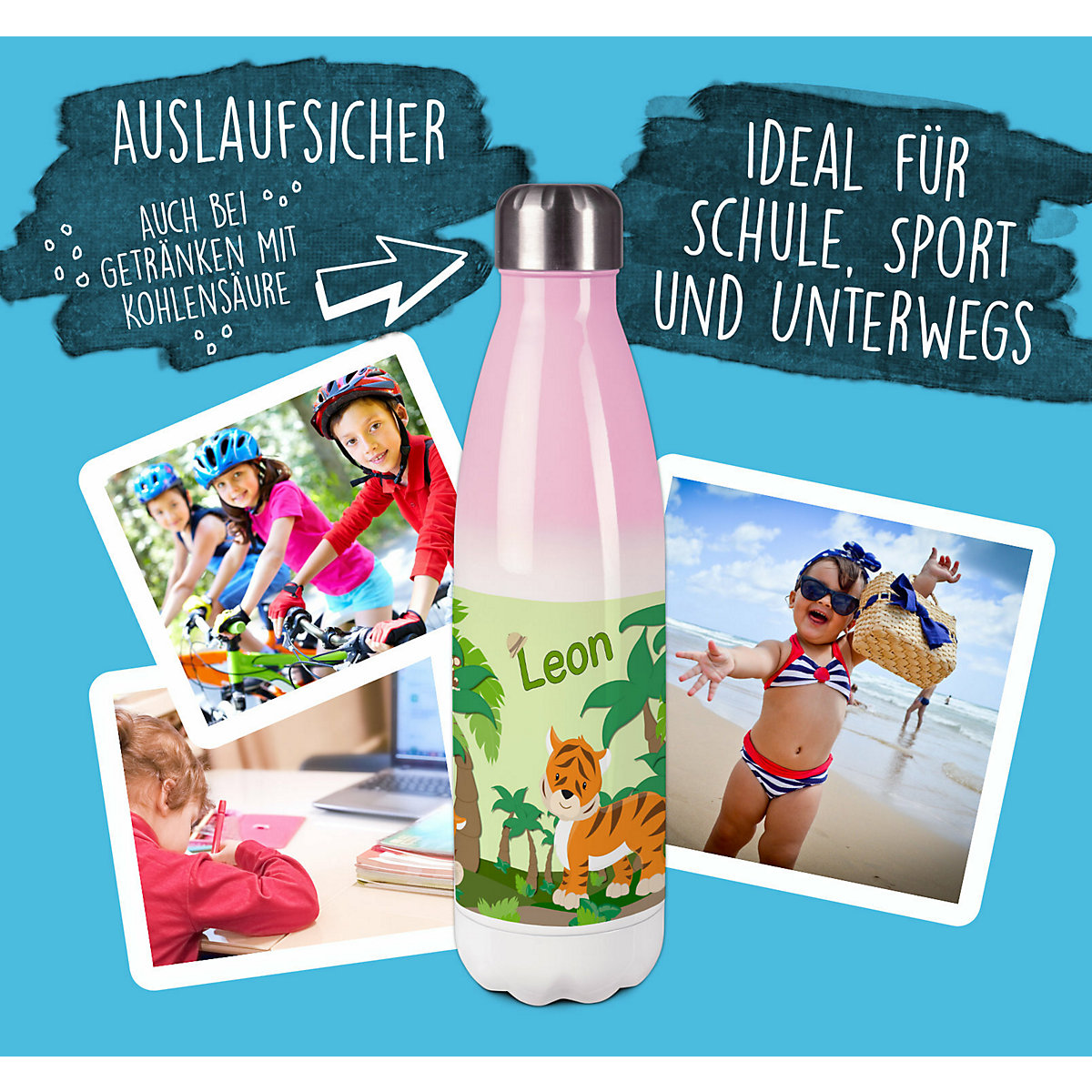 Edelstahl Kinder Thermoflasche / Trinkflasche bunt Dschungel Spülmaschinenfest, Auslaufsicher, Bruchfest, Doppelwandig, Für Heißgetränke geeignet, Mit Deckel, Isoliert
