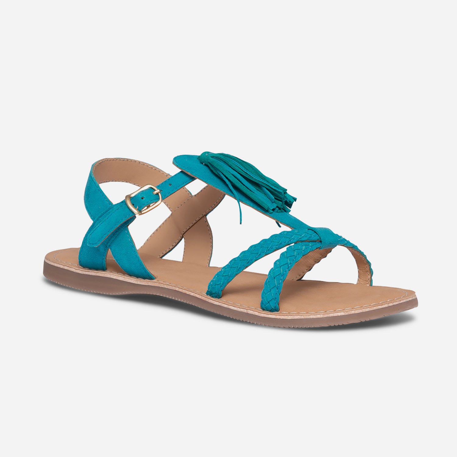 Sandale turquoise en cuir velours avec pampille