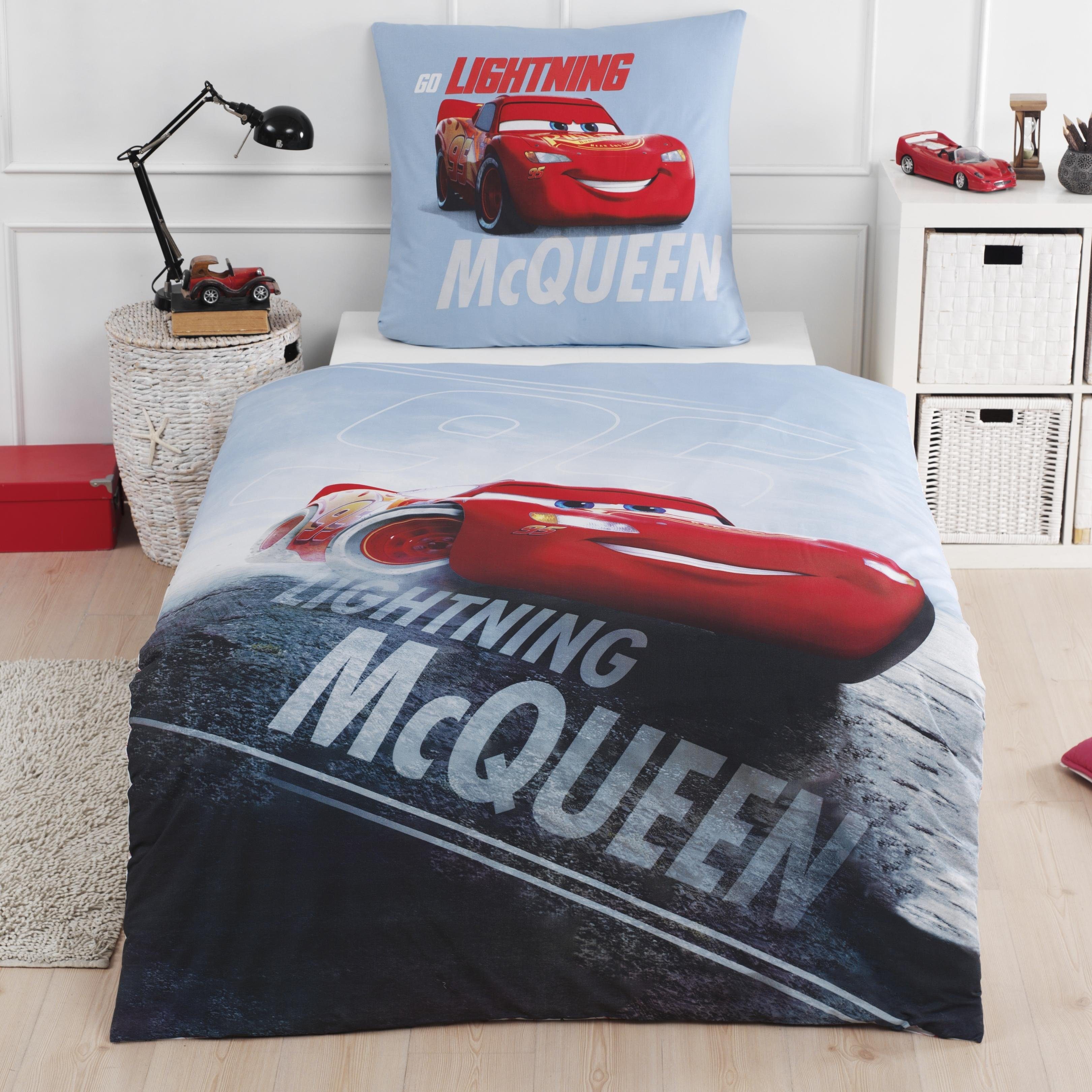 Bettwäsche Cars 135x200 + 80x80 cm, 100 % Baumwolle, MTOnlinehandel, Renforcé, 2 teilig, Jungen Kinderbettwäsche 's Cars Auto, Lightning McQueen