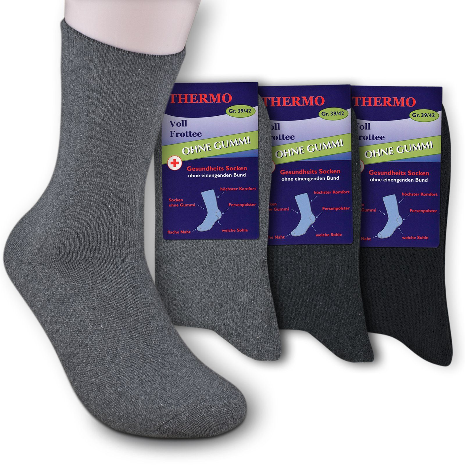 Die Sockenbude Basicsocken THERMO (Bund, 3-Paar, grau schwarz) Diabetikersocken ohne einengenden Bund ohne Gummi