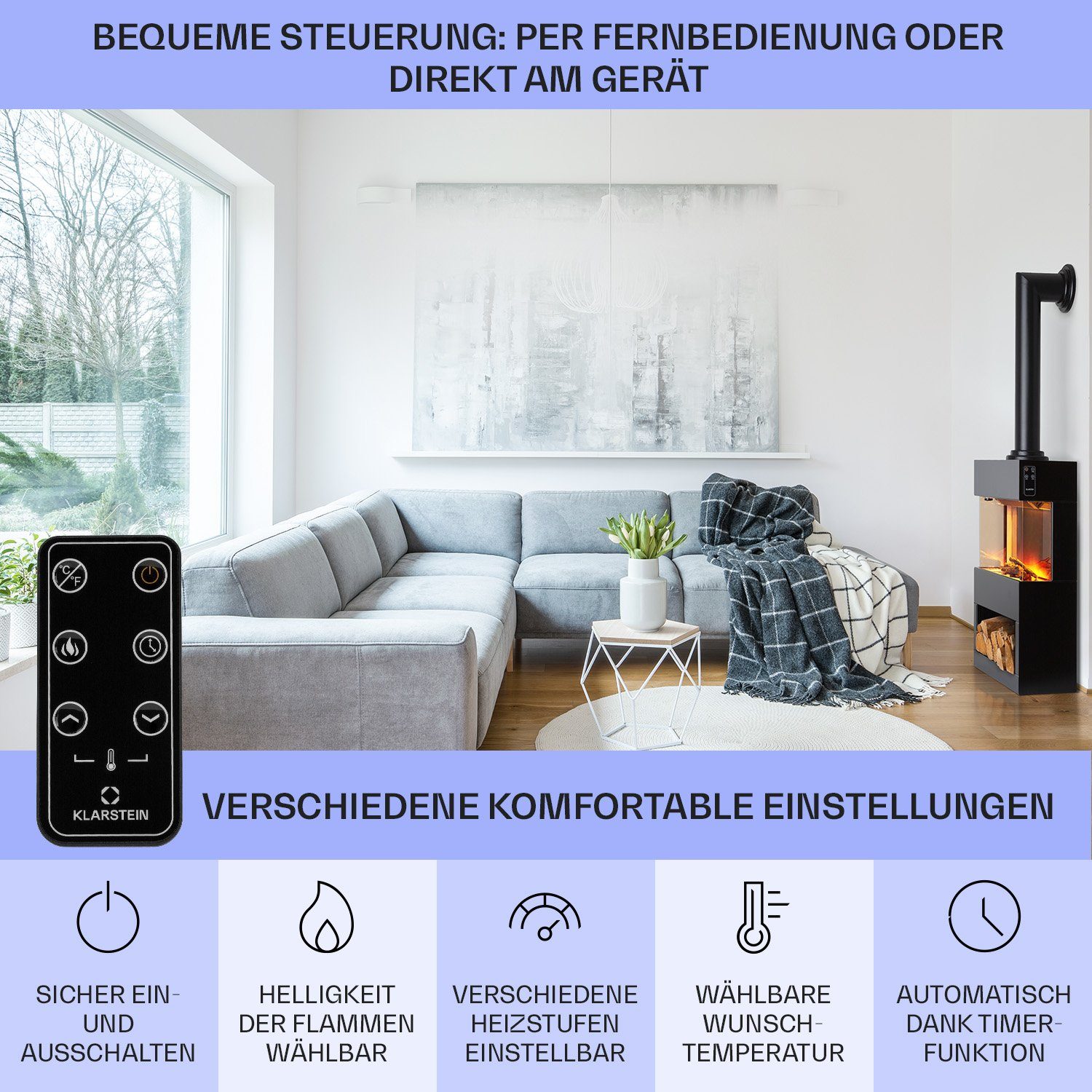 Klarstein Elektrokamin Zermatt, elektrischer Kamin mit Heizfunktion Heizlüfter elektrischer Kaminofen