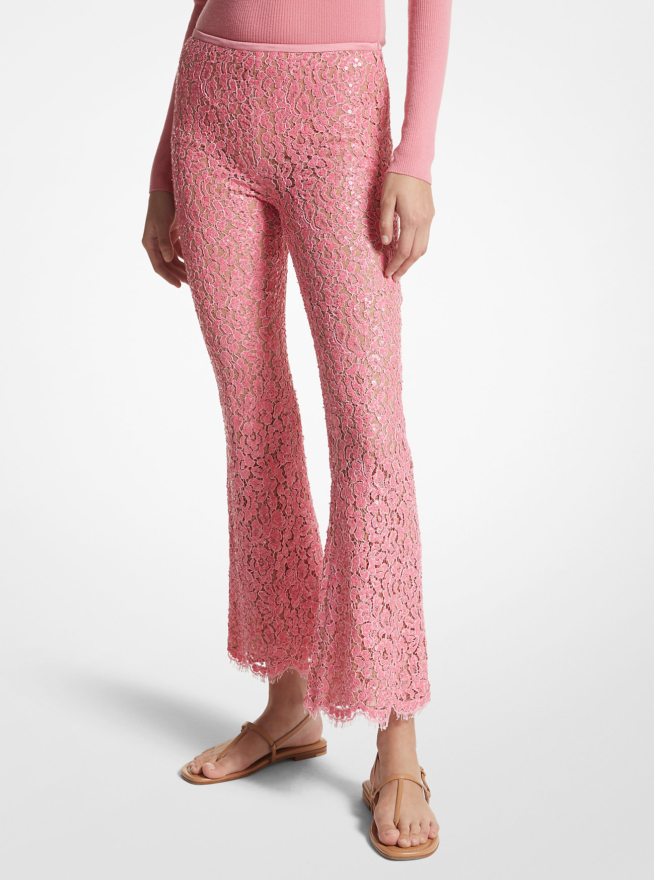 Hand-Embroidered Sequin Floral Lace Cropped Pants - GERANIUM