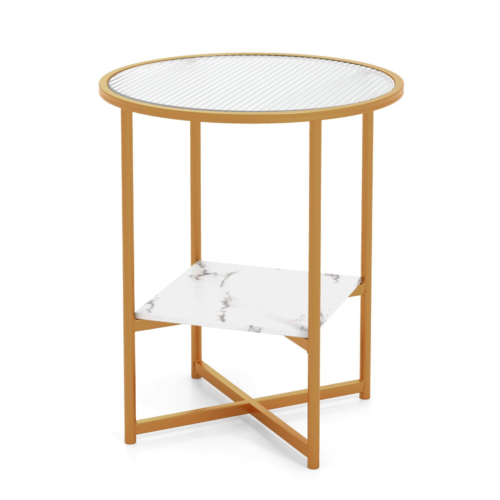COSTWAY Beistelltisch, rund, mit gehärtetem Glas & Ablage aus Marmor, gold