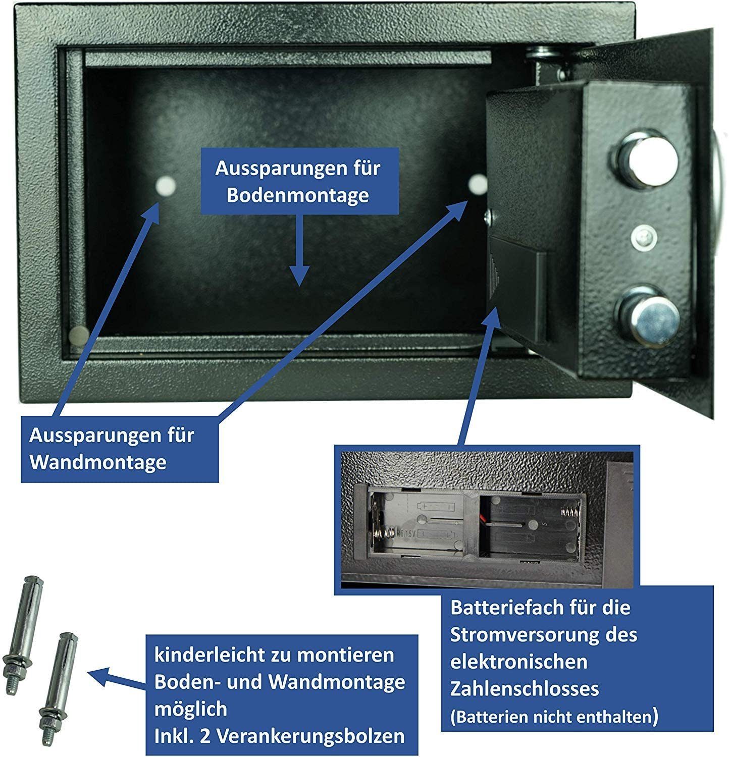 JUNG Tresor Safe elektronisch, Möbeltresor Zahlenschloß + 2 Schlüssel, Tresor (klein, kompakt, tragbar, einbaubar, Doppelstahlbolzen Sicherheitsbox für Hotel, Büro und Heim), Hotel, Wandtresor, Schrank, Safe Box Geld, Tresor für zu Hause, Code