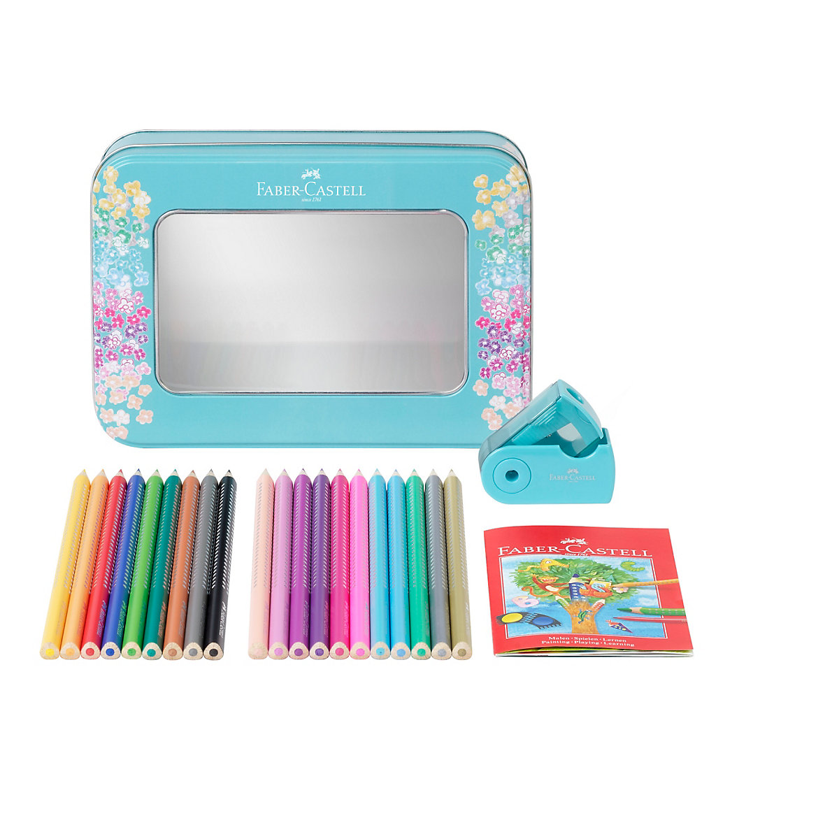 Geschenkset Dreikant-Buntstifte Sparkle, 21 Farben in Metalletui, inkl. Anspitzer
