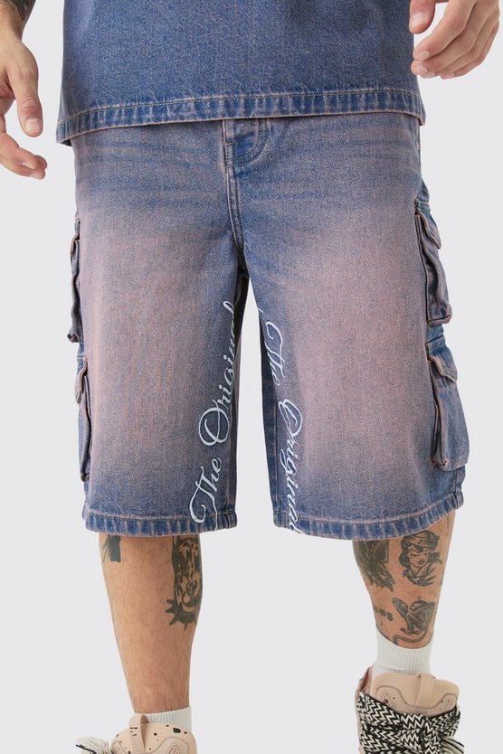 Pinke bestickte Denim Cargo-Jorts