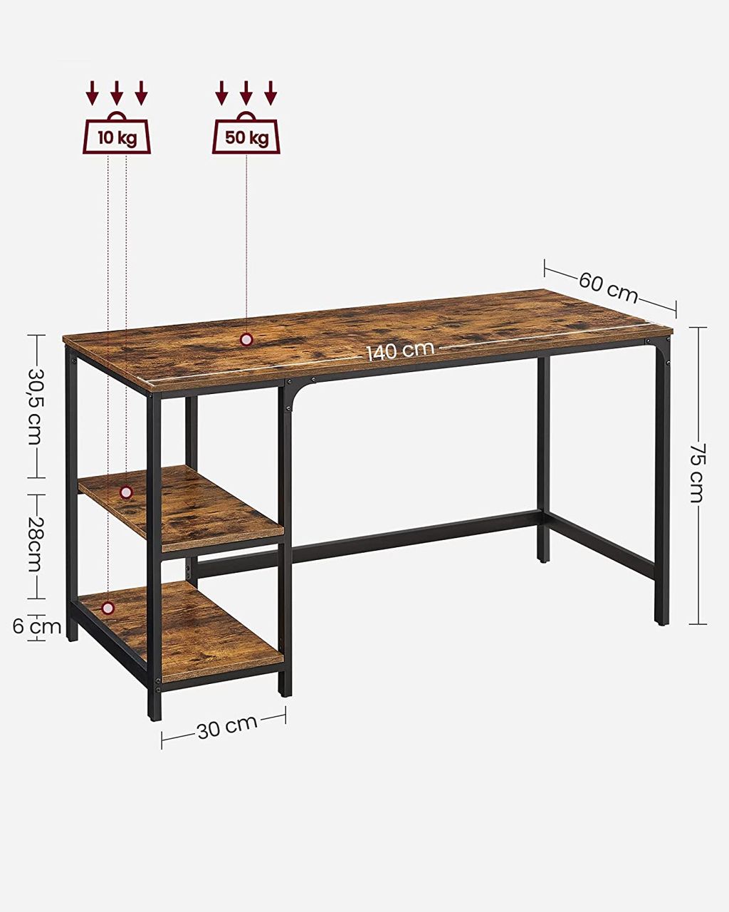 Vasagle Computertisch, rustikales Braun, 140x60x75 cm